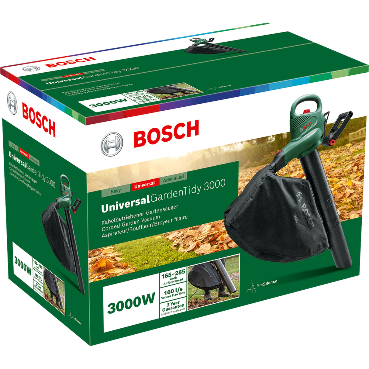 Bosch Garden Blower Vac UniversalGardenTidy (1600-3000W, 165-285km/h, 50L bag, 3.4kg, ProSilence, 3-in-1, Variable speed)