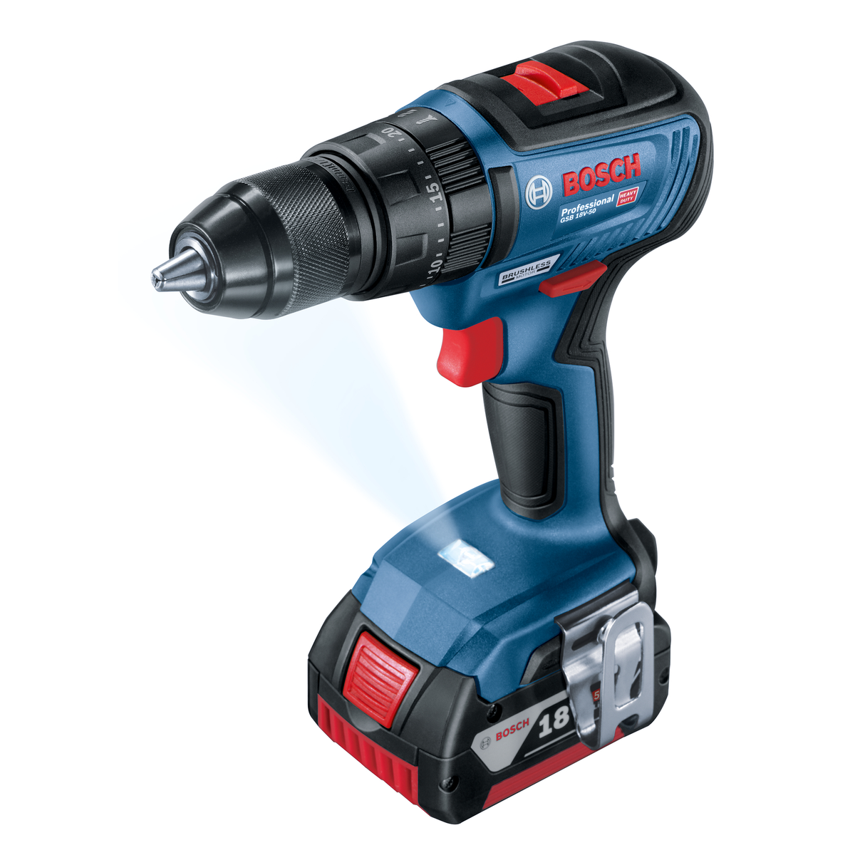 Bosch Professional HEAVY DUTY Combi Drill GSB 18V-50 (Brushless motor, 50Nm torque, incl. 2x 2.0Ah batteries, Charger GAL 18V-20, Carry case)