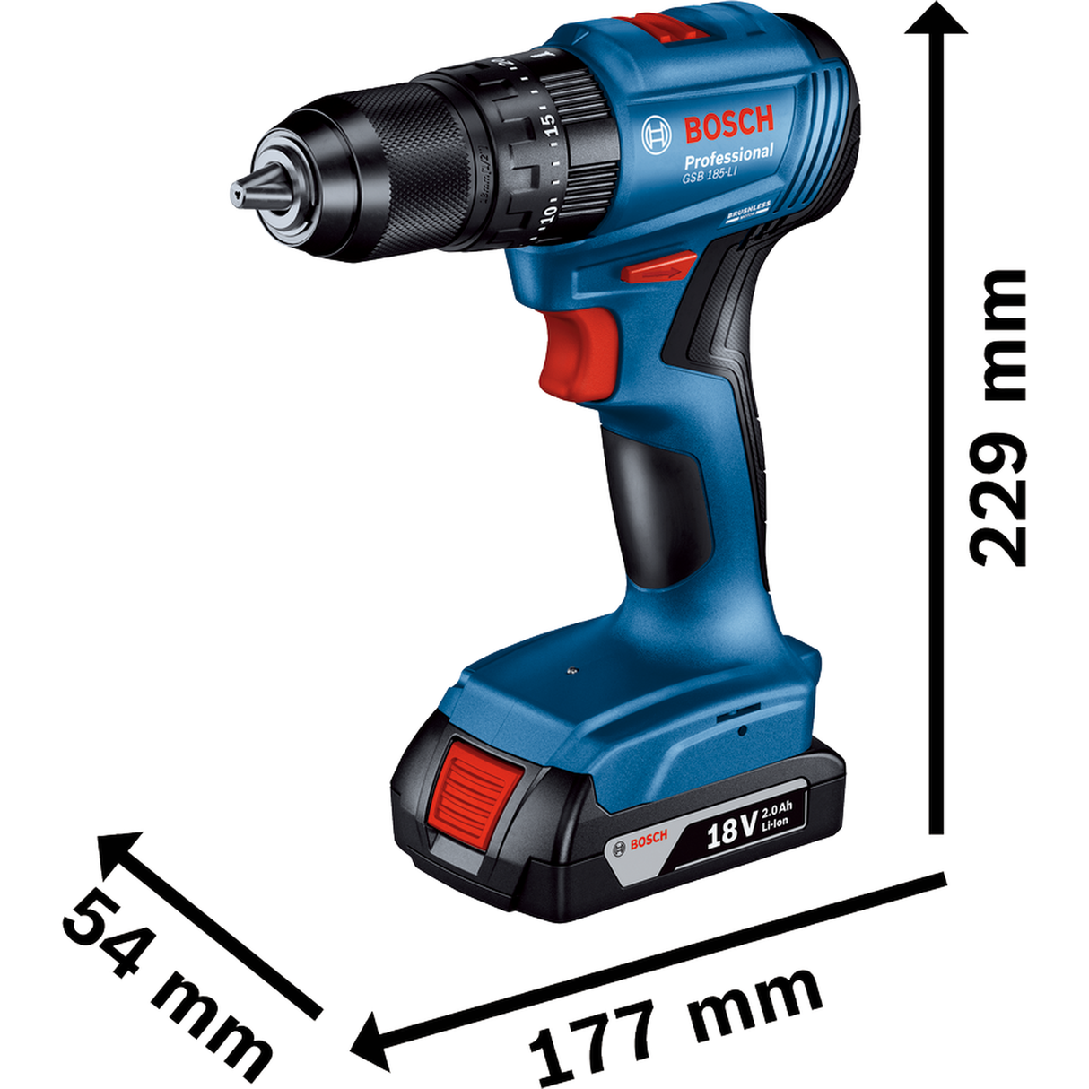 Bosch Professional 18V System Cordless Combi Drill GSB 185-LI (Brushless motor, 50Nm torque, incl. 2x 2.0Ah batteries, Charger GAL 18V-20, 23-piece accessory set, Carry case)