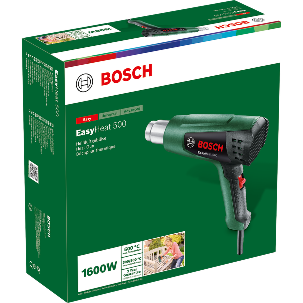 Bosch Heat Gun EasyHeat 500 (1600W, 300/500 °C temperature settings, compact and lightweight design for easy handling, thermal protection), incl. nozzle.