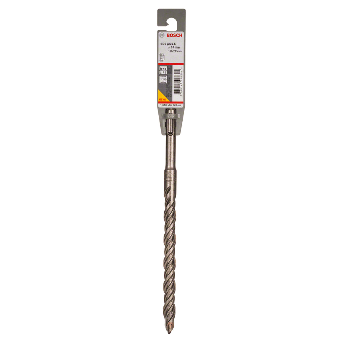 Bosch SDS Plus-5 Drill Bit 14x150x215mm (for efficient drilling in concrete and masonry, robust carbide tip for extended life, optimized flute design for efficient dust removal and faster drilling), compatible with SDS Plus hammer drills.