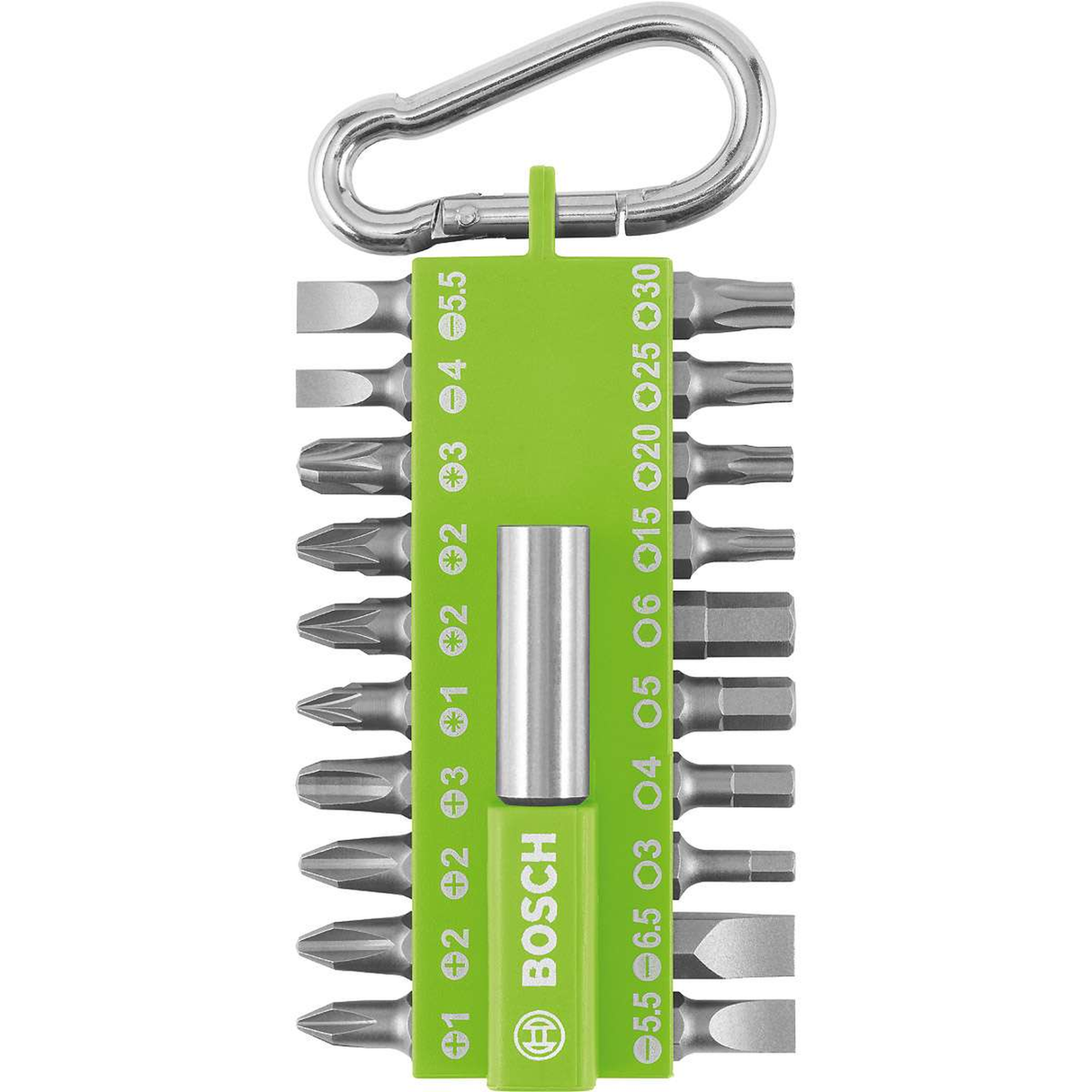 Bosch 21pcs Screwdriver Bit Set with Snap-hook (green) (a compact and portable set of various screwdriver bits, ideal for on-the-go repairs and adjustments), with display.