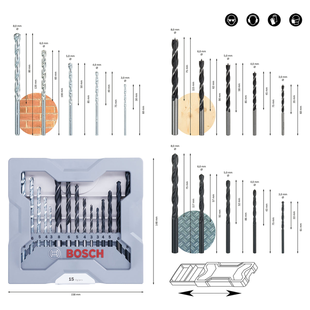 Bosch Mixed Drill Bit Set 15pcs (versatile set of drill bits for wood, metal, and masonry, includes high-quality bits for various applications), organized in a compact plastic case.