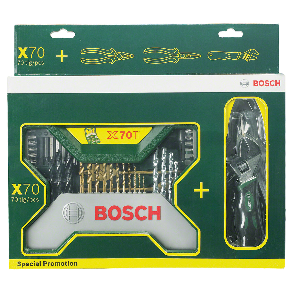 Bosch X-Line Titanium Drill and Bit Set 70pcs (titanium-coated drill bits for extended life, for drilling in wood, metal, and masonry, includes a comprehensive range of screwdriver bits and nutsetters), with an included 3-piece pliers set.