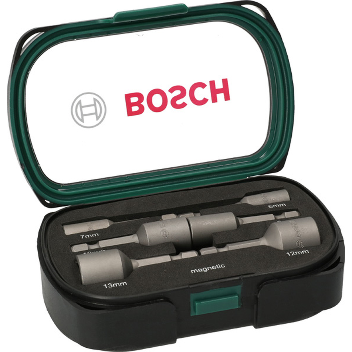 Bosch Nutsetter Set 6/7/8/10/12/13mm 6pcs (a set of nutsetters for driving hex-head screws and nuts, includes common metric sizes), compatible with 1/4" hex shank drivers.