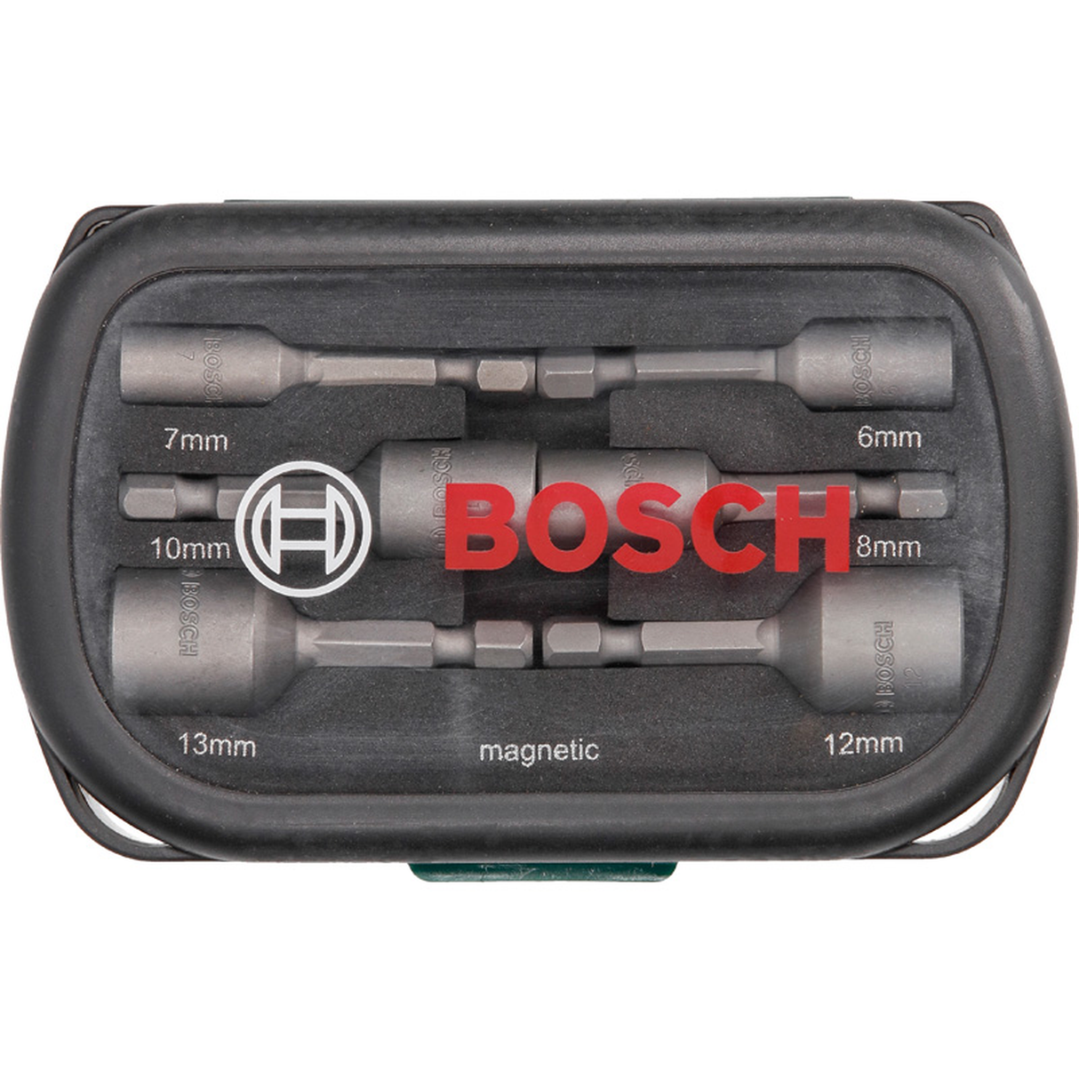 Bosch Nutsetter Set 6/7/8/10/12/13mm 6pcs (a set of nutsetters for driving hex-head screws and nuts, includes common metric sizes), compatible with 1/4" hex shank drivers.