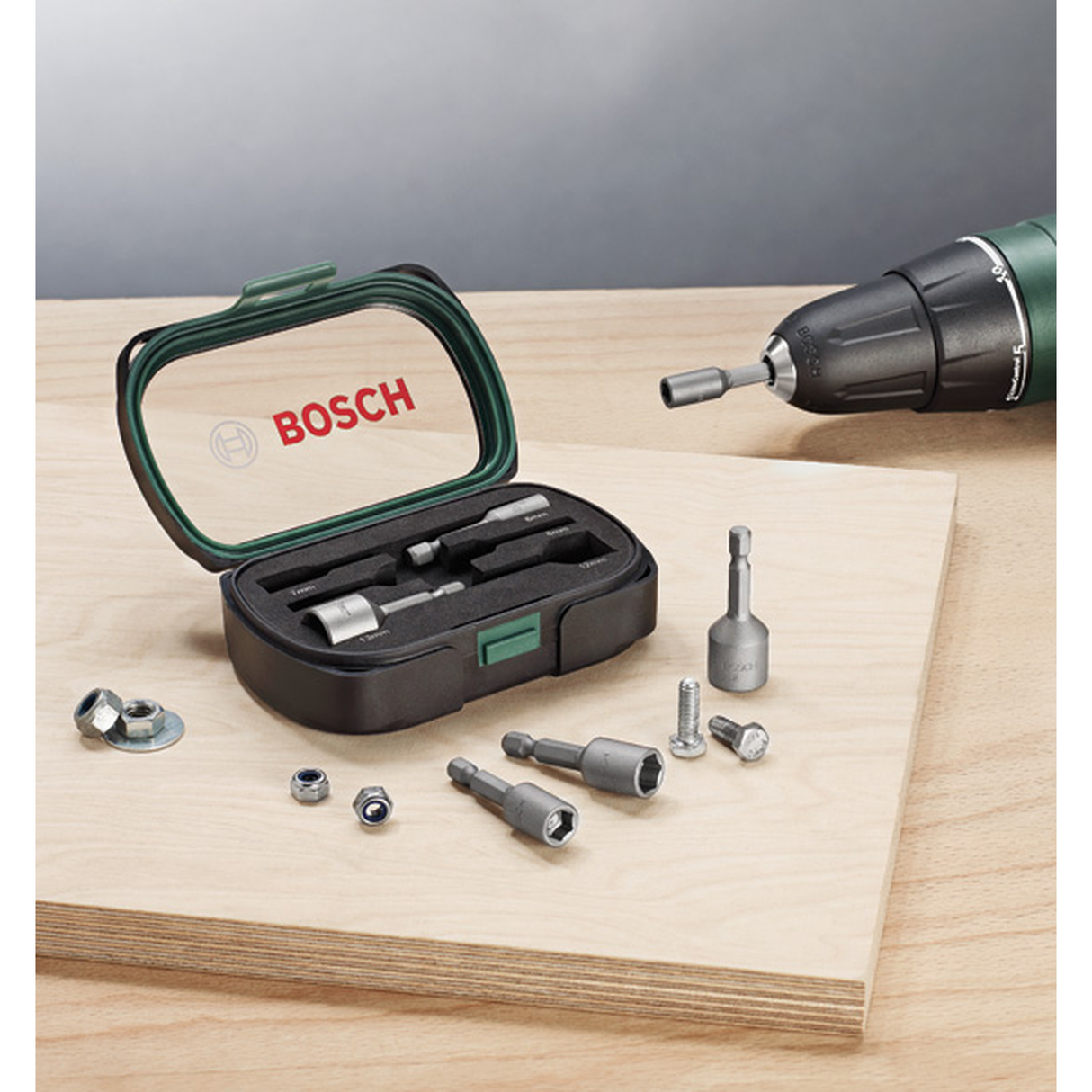 Bosch Nutsetter Set 6/7/8/10/12/13mm 6pcs (a set of nutsetters for driving hex-head screws and nuts, includes common metric sizes), compatible with 1/4" hex shank drivers.