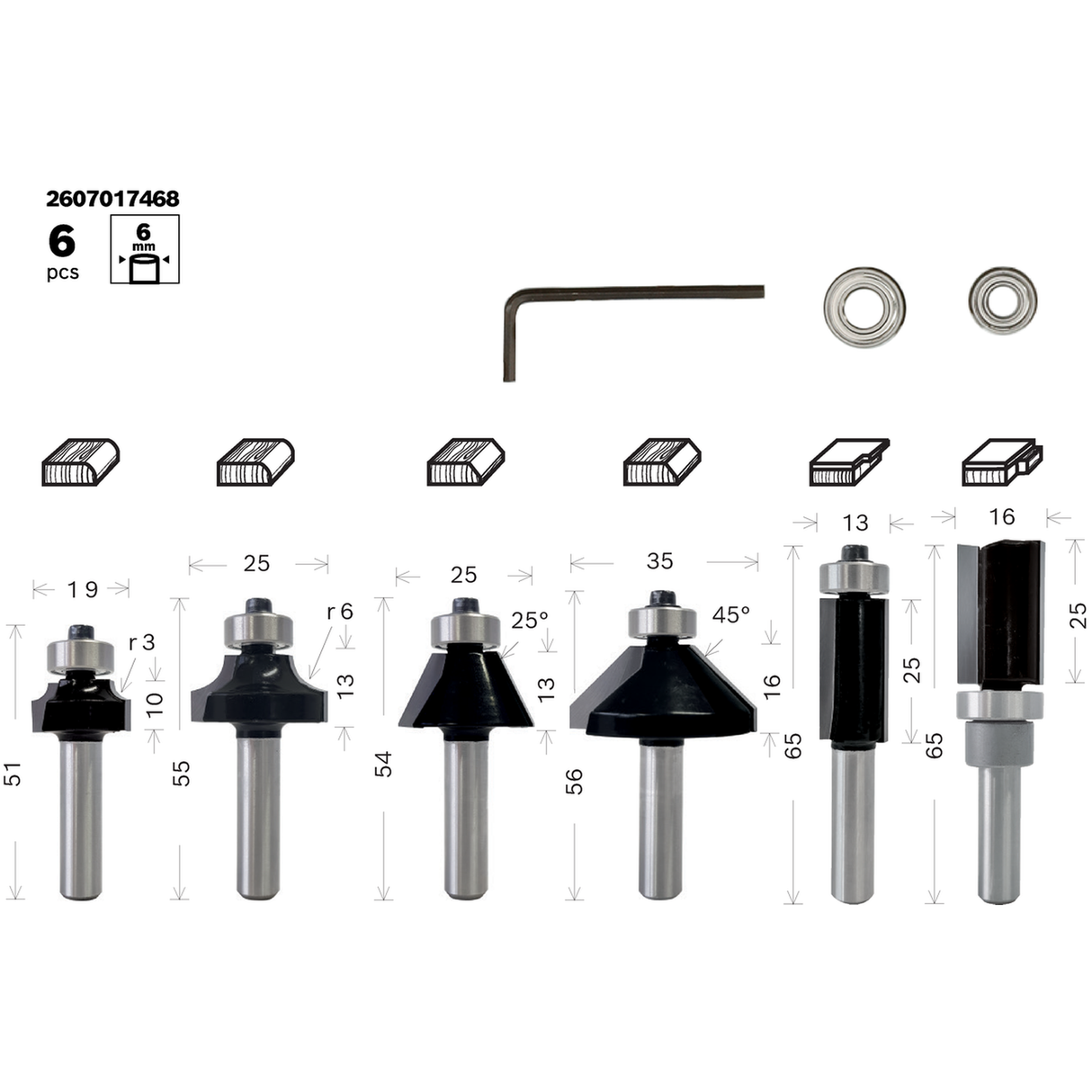 Bosch Trim&Edging Router Bit Set, 6mm shank, 6pcs (a set of router bits for trimming, edging, and decorative profiling in wood, includes various common profiles), compatible with routers.