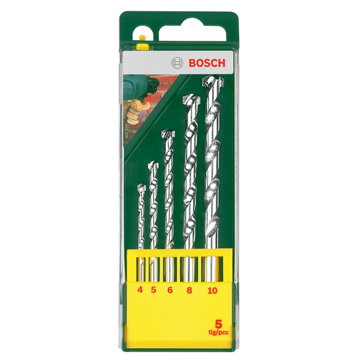 Bosch CYL-1 Masonry Drill Bit Set 4/5/6/8/10mm 5pcs (a set of drill bits for standard drilling tasks in brick, stone, and concrete, robust carbide tips for reliable performance), compatible with rotary and impact drills.