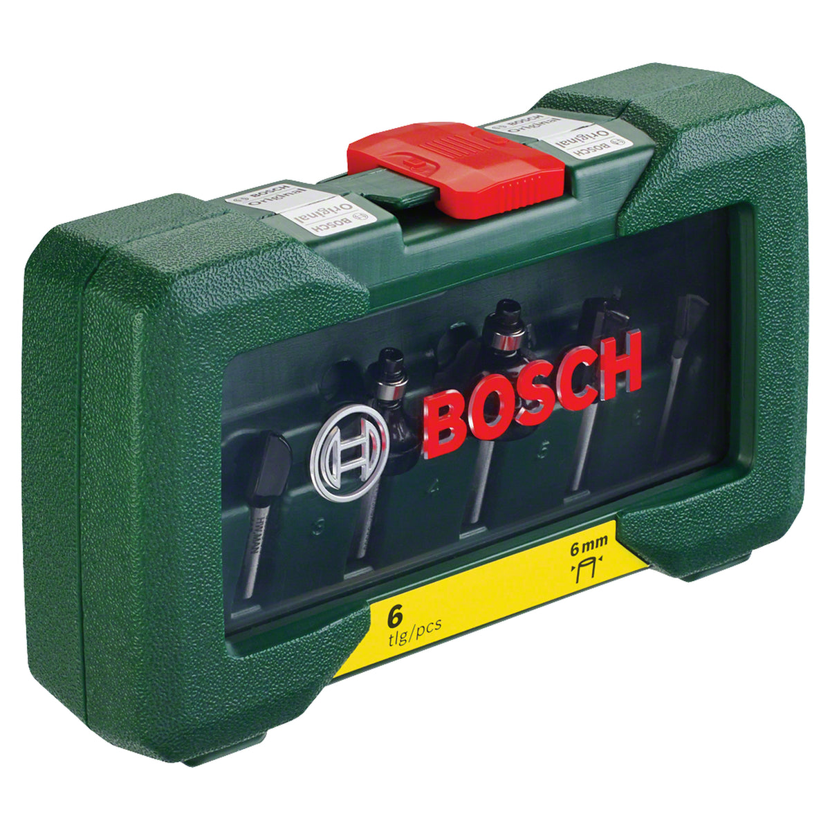Bosch Router Bit Set, 6mm shank, 6pcs (a basic set of router bits for common routing applications in wood, includes various common profiles), compatible with routers.