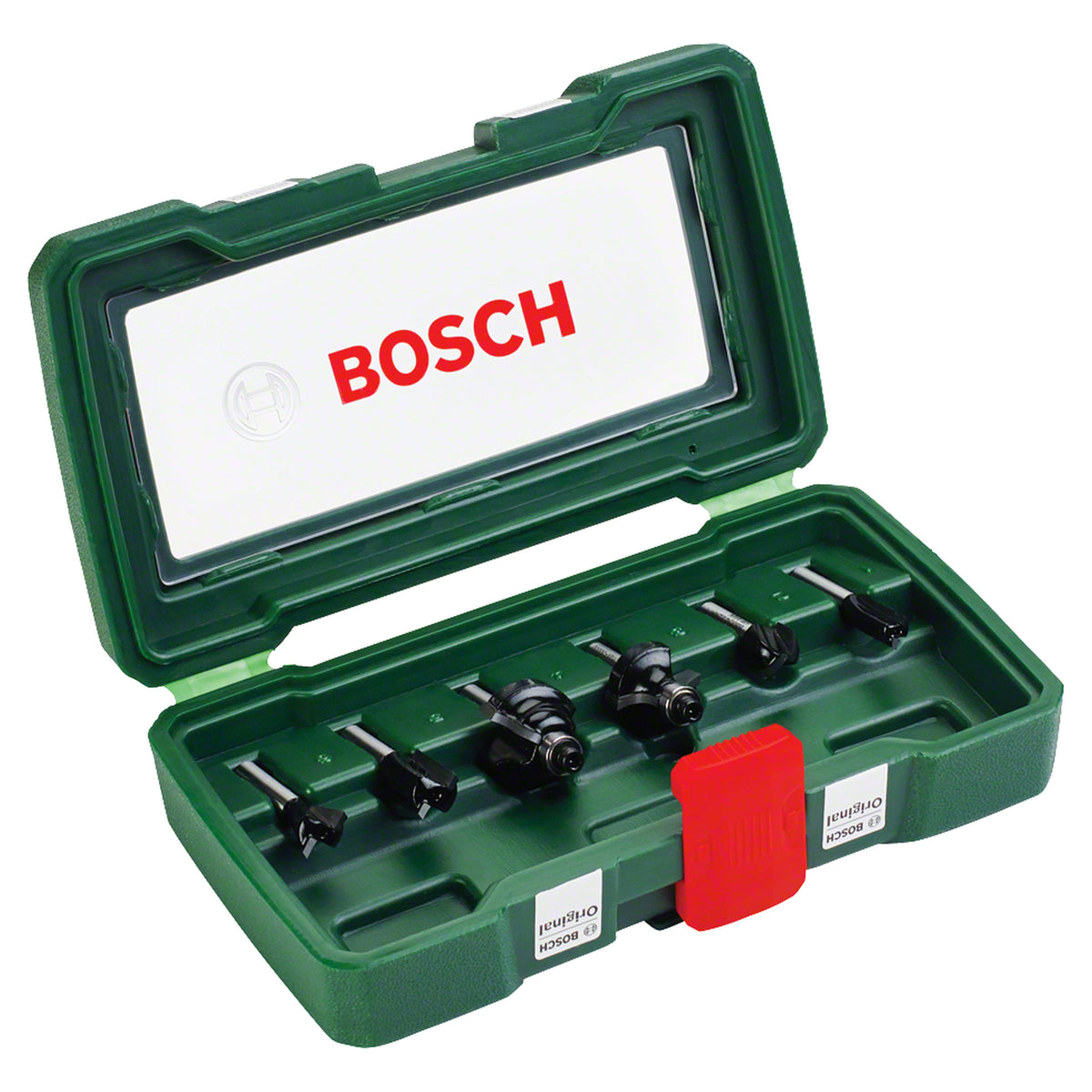 Bosch Router Bit Set, 6mm shank, 6pcs (a basic set of router bits for common routing applications in wood, includes various common profiles), compatible with routers.