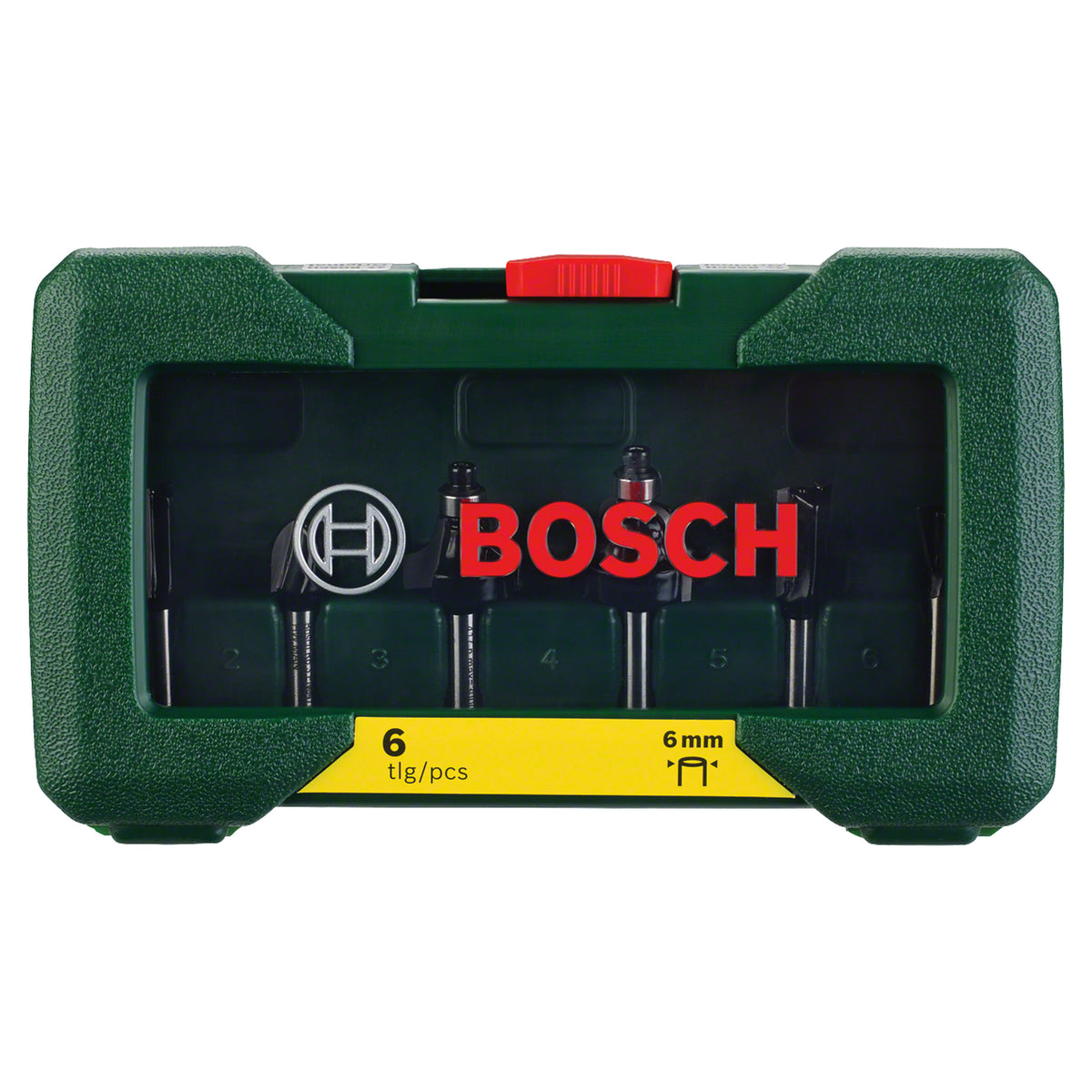 Bosch Router Bit Set, 6mm shank, 6pcs (a basic set of router bits for common routing applications in wood, includes various common profiles), compatible with routers.