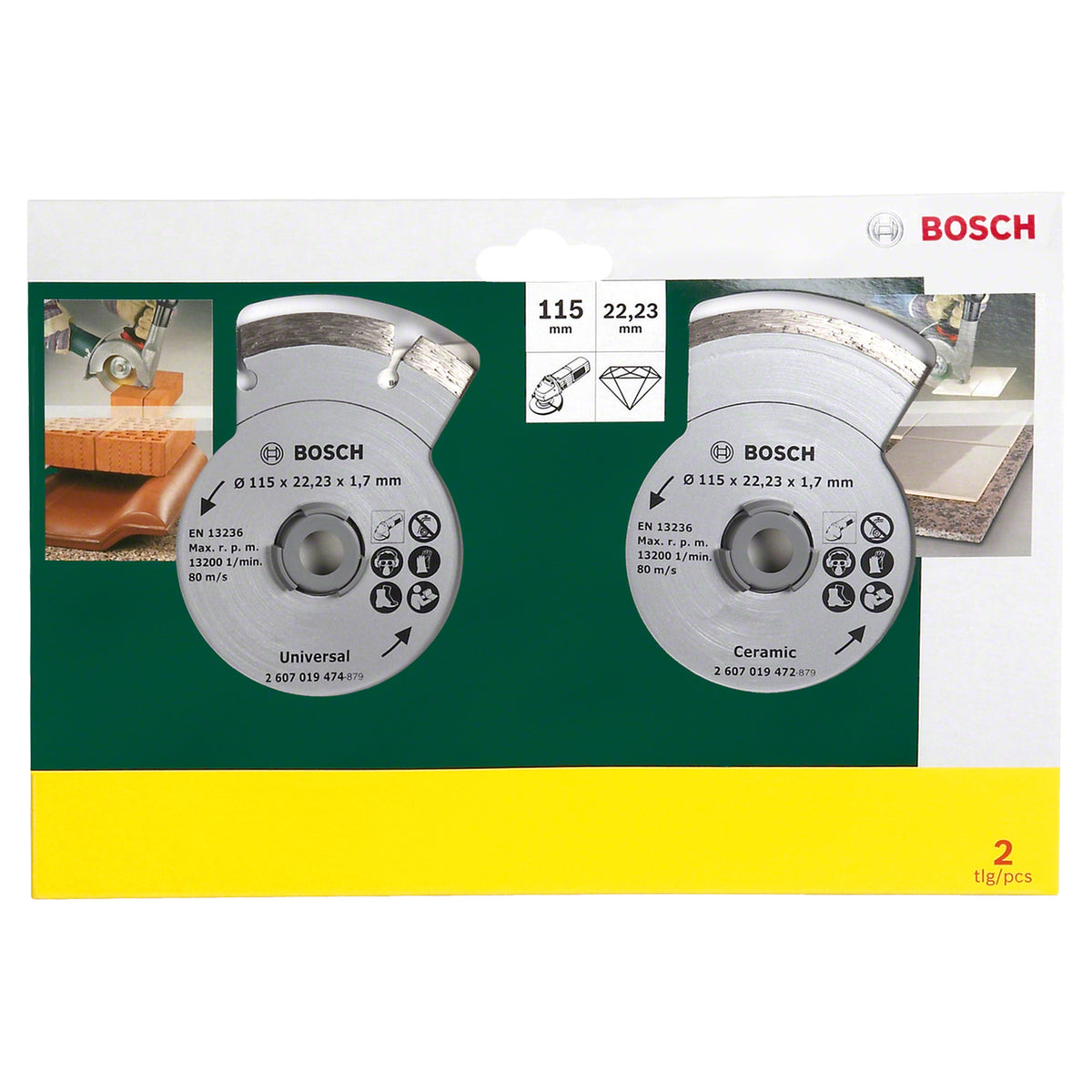 Bosch Diamond Cutting Disc Twin Set for Tile/Construction (115x22.23x1.7mm, For combined tile and construction use)