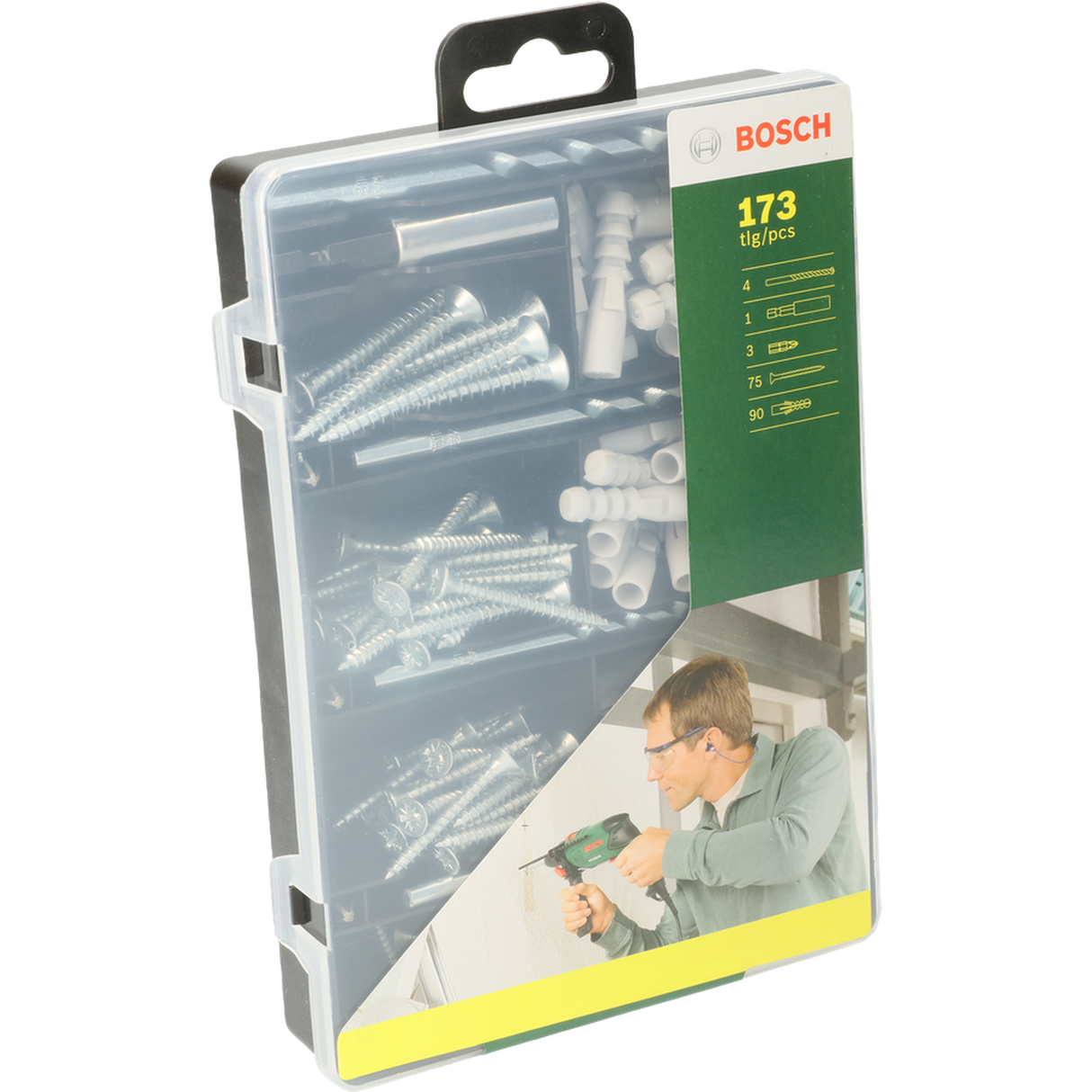 Bosch Fixing Set 173pcs (comprehensive set of screws, plugs, and hooks for various fixing applications in different materials, organized in a practical sorting box for easy access), ideal for home and DIY projects.