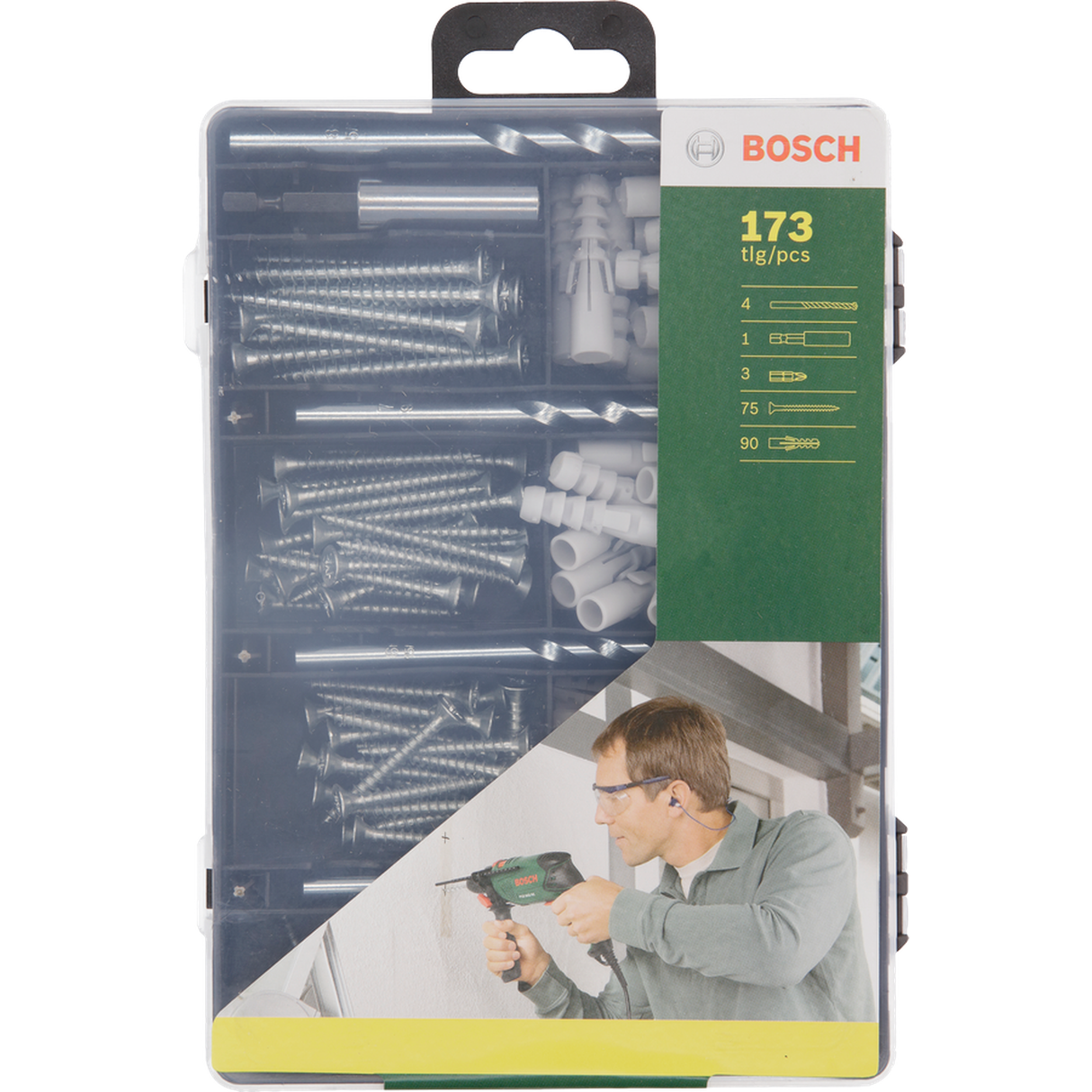 Bosch Fixing Set 173pcs (comprehensive set of screws, plugs, and hooks for various fixing applications in different materials, organized in a practical sorting box for easy access), ideal for home and DIY projects.