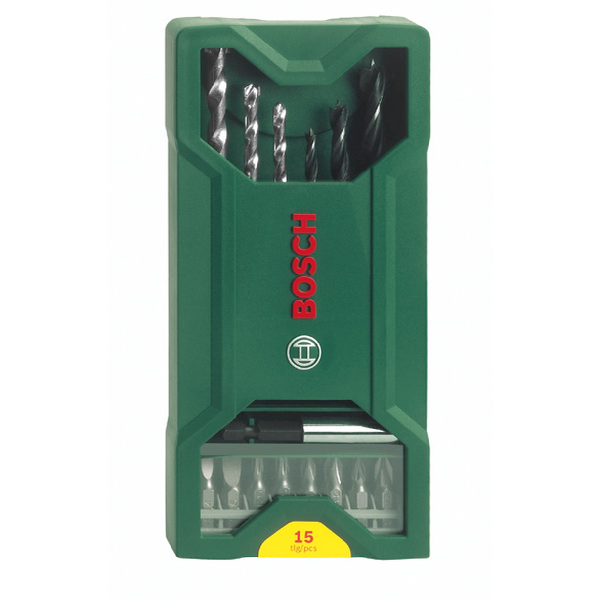 Bosch X-Line Accessories Set 15pcs (versatile set of screwdriver bits, drill bits for wood, metal, and masonry, and nutsetters, organized in a robust plastic case), ideal for basic drilling and screwdriving applications.