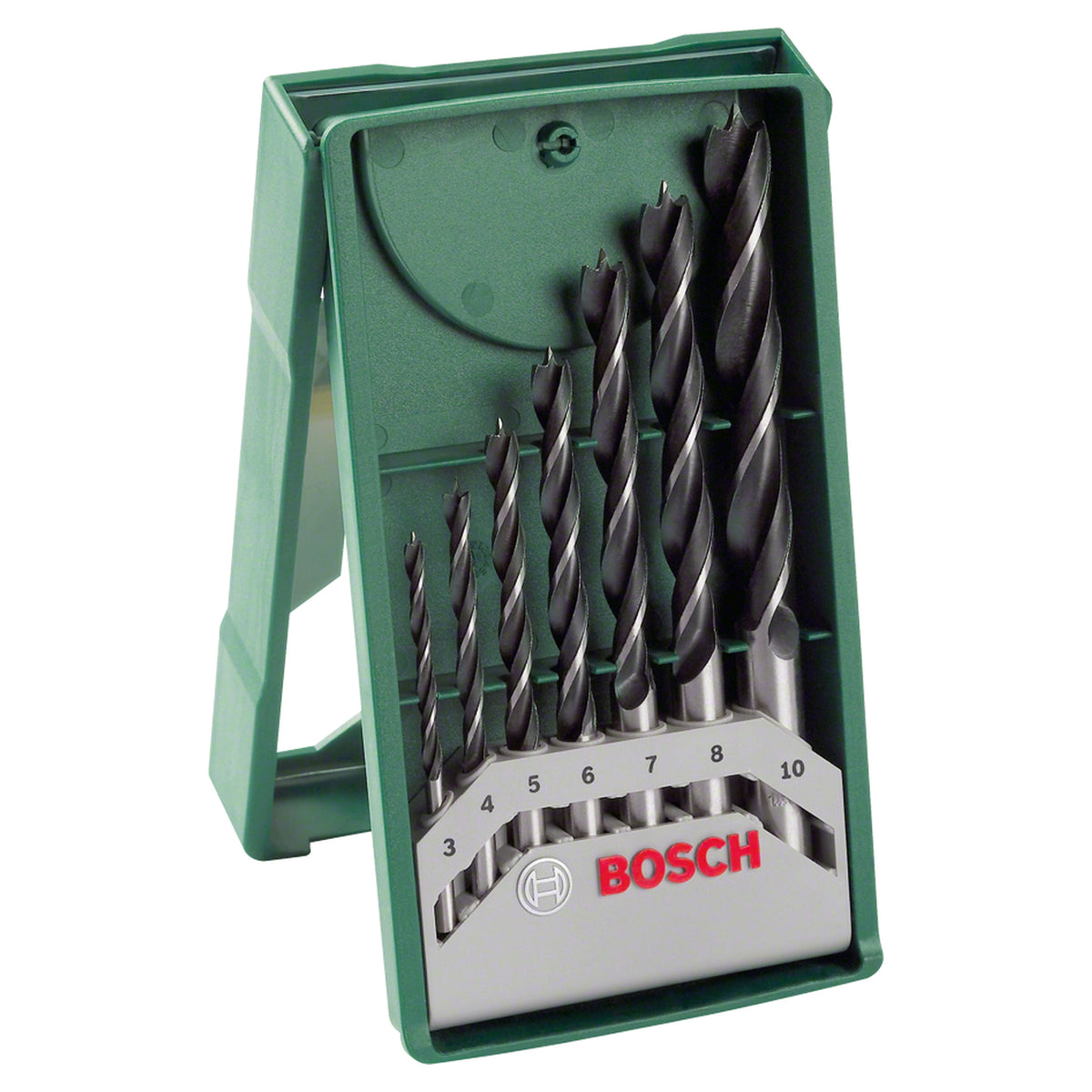 Bosch X-Line Wood Drill Bit Set 7pc (high-quality wood drill bits, precise drilling with centring tip, 3-point tip for clean holes, suitable for soft and hard wood), includes 7 drill bits (3/4/5/6/7/8/10 mm) in a robust plastic case.