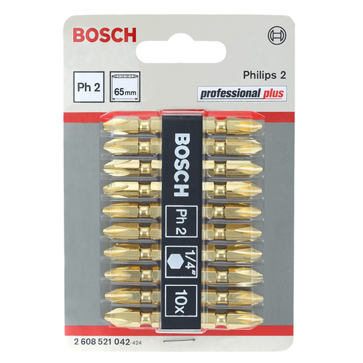 Bosch Screwdriver Double Ended Bit Set Standard for Universal Gold PH2/PH2 65mm 10pcs (bulk pack of double-ended PH2 bits with a gold finish for easy identification and corrosion resistance), compatible with screwdrivers and drills.