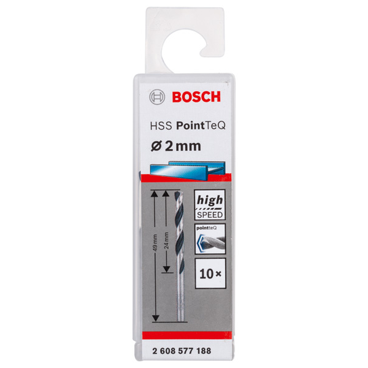 Bosch HSS PointTeQ Metal Twist Drill Bit (2x24x49mm, 10-piece pack, For fast metal drilling)