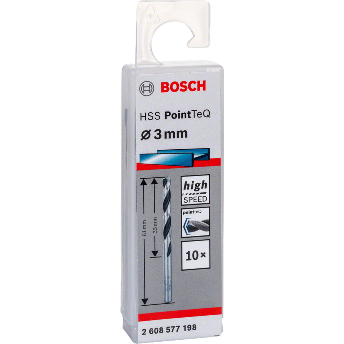 Bosch HSS PointTeQ Metal Twist Drill Bit (3x33x61mm, 10-piece pack, For fast metal drilling)