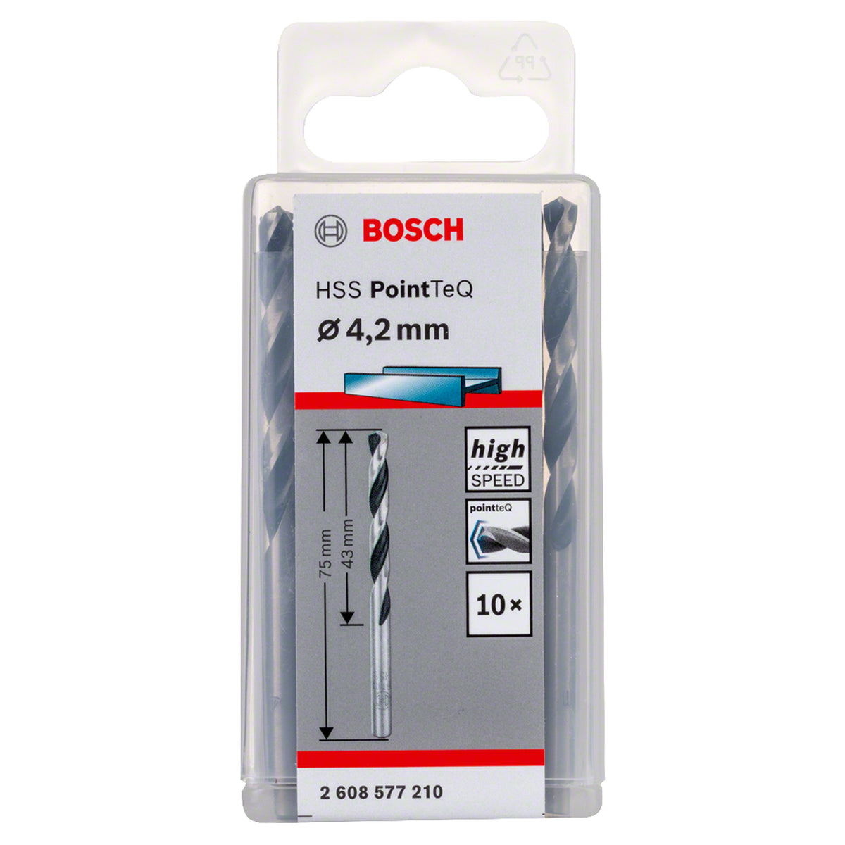 Bosch HSS PointTeQ Metal Twist Drill Bit (4.2x43x75mm, 10-piece pack, For fast metal drilling)