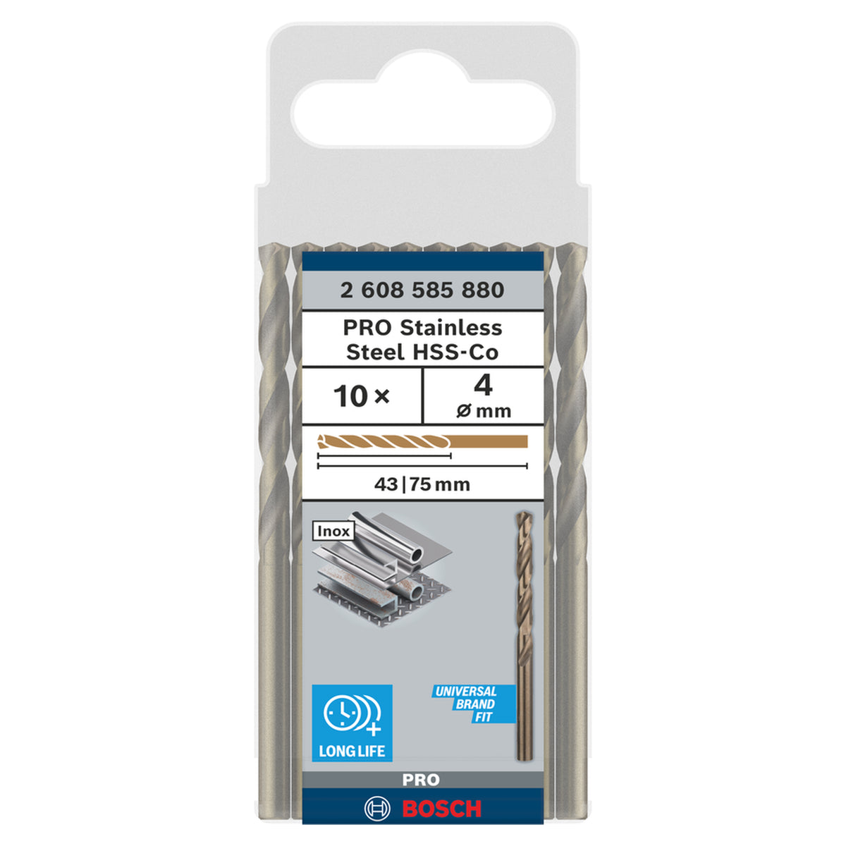 Bosch HSS-CO Metal Drill Bit (4x43x75mm, 10-piece pack, For drilling in tough metals like stainless steel)