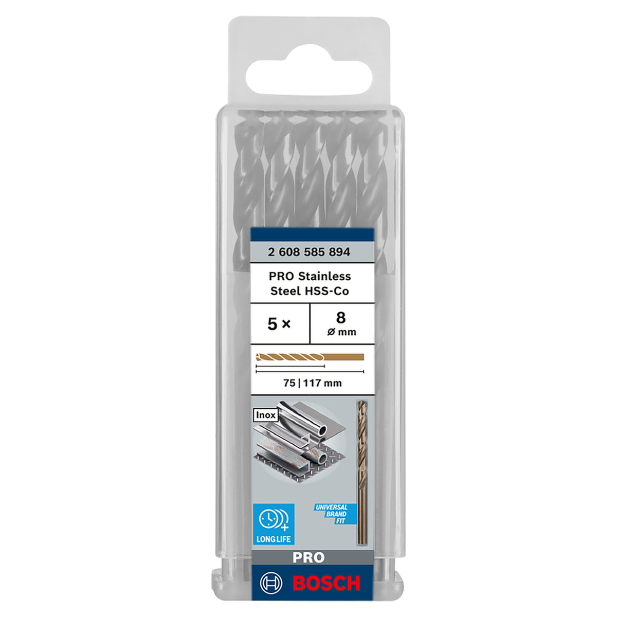 Bosch HSS-CO Metal Drill Bit (8x75x117mm, 5-piece pack, For drilling in tough metals like stainless steel)