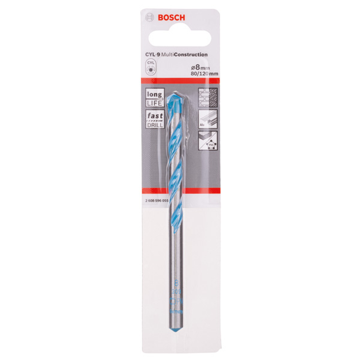 Bosch CYL-9 Multi-Construction Drill Bit 8x80x120mm (for drilling in almost all materials including tiles, masonry, metal, and wood, high-performance carbide tip for maximum durability and precision), compatible with rotary and impact drills.