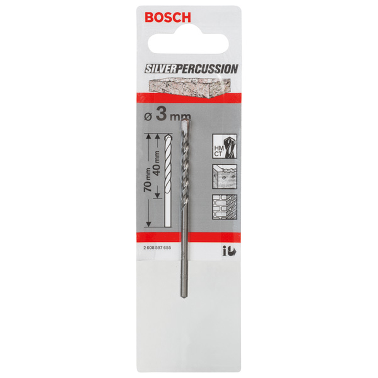 Bosch CYL-3 Carbide-Tipped Drill Bit 3x40x70mm (for fast and precise drilling in concrete and masonry, robust carbide tip for longer life), compatible with rotary and impact drills.