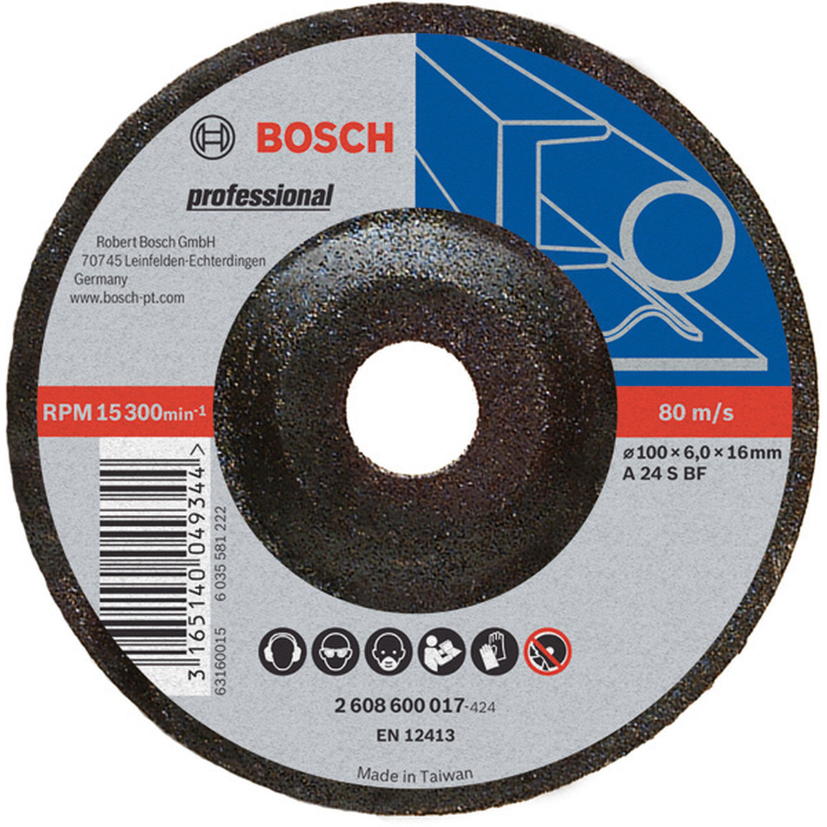Bosch Grinding Disc for Metal (Depressed Center, 100x6x16mm, For general metal grinding)
