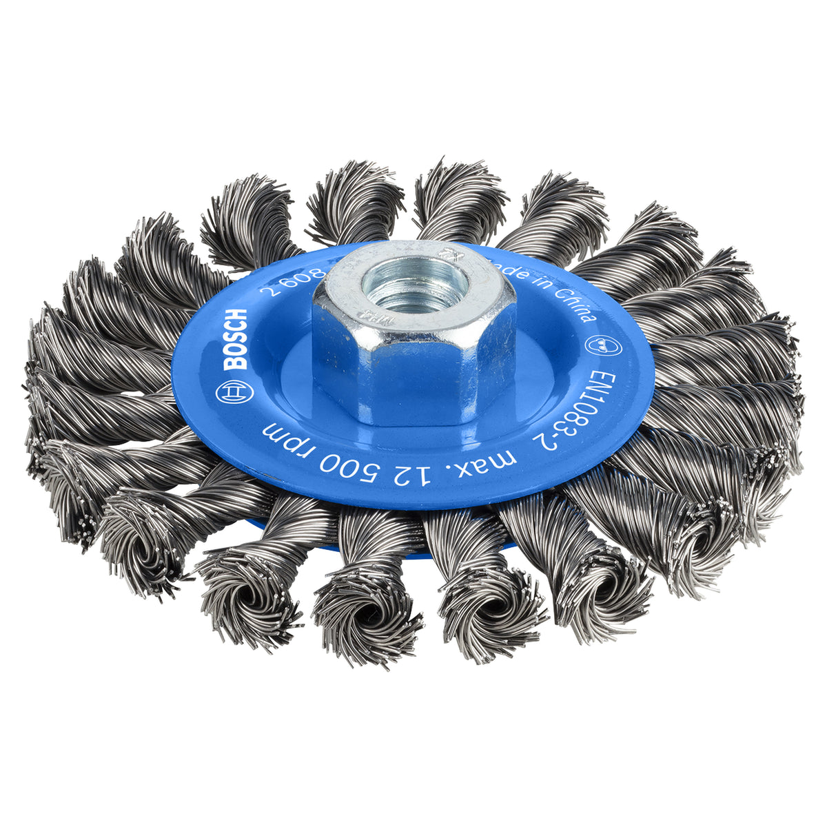 Bosch Heavy for Steel Knotted Wire Wheel 115mm M14 (0.5mm wire for fast removal of rust, scale, and paint from large steel surfaces), compatible with angle grinders.