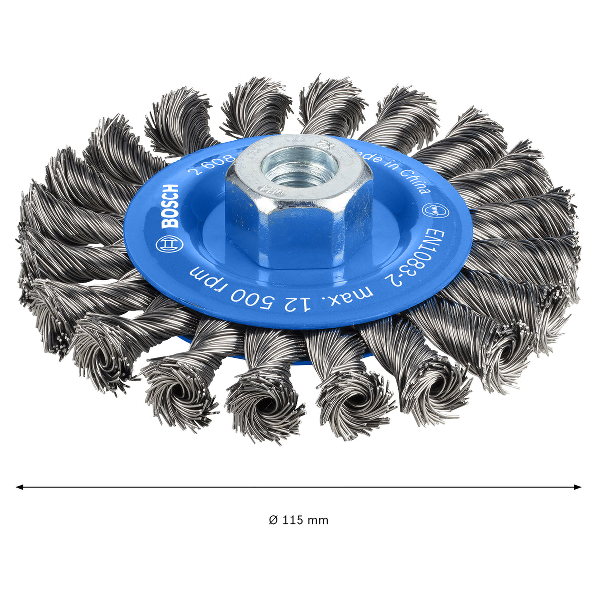Bosch Heavy for Steel Knotted Wire Wheel 115mm M14 (0.5mm wire for fast removal of rust, scale, and paint from large steel surfaces), compatible with angle grinders.