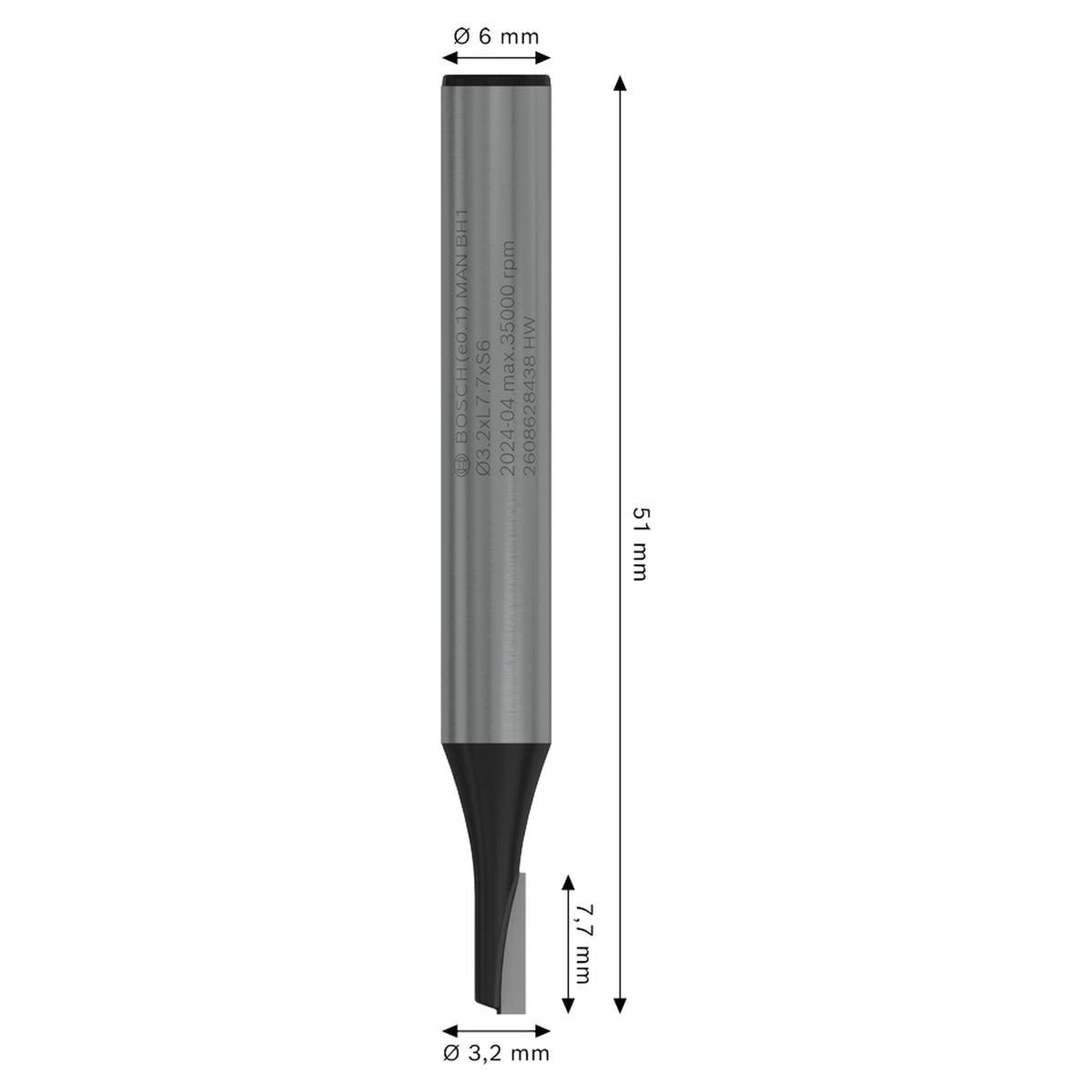 Bosch Straight Bit 6x3,2x51mm (for general purpose routing, grooving, and mortising in wood, carbide-tipped for long life and clean results), compatible with routers.