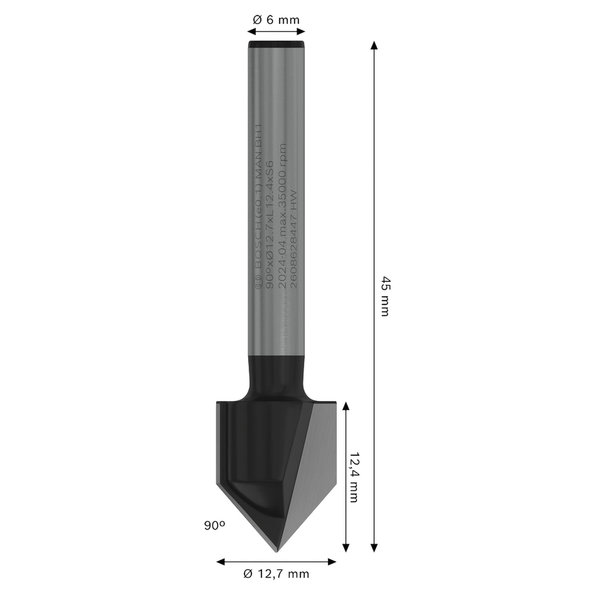 Bosch PRO Router Bit, V-Groove, 90°xØ12.7, Shank (for creating decorative V-grooves and chamfers in wood, carbide-tipped for long life and clean results), compatible with routers.