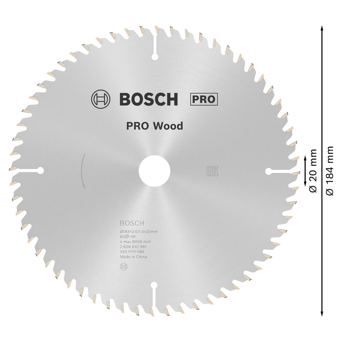 Bosch Circular Saw Blade PRO Wood (184x20mm, 60 teeth, For fine and precise cuts in wood)