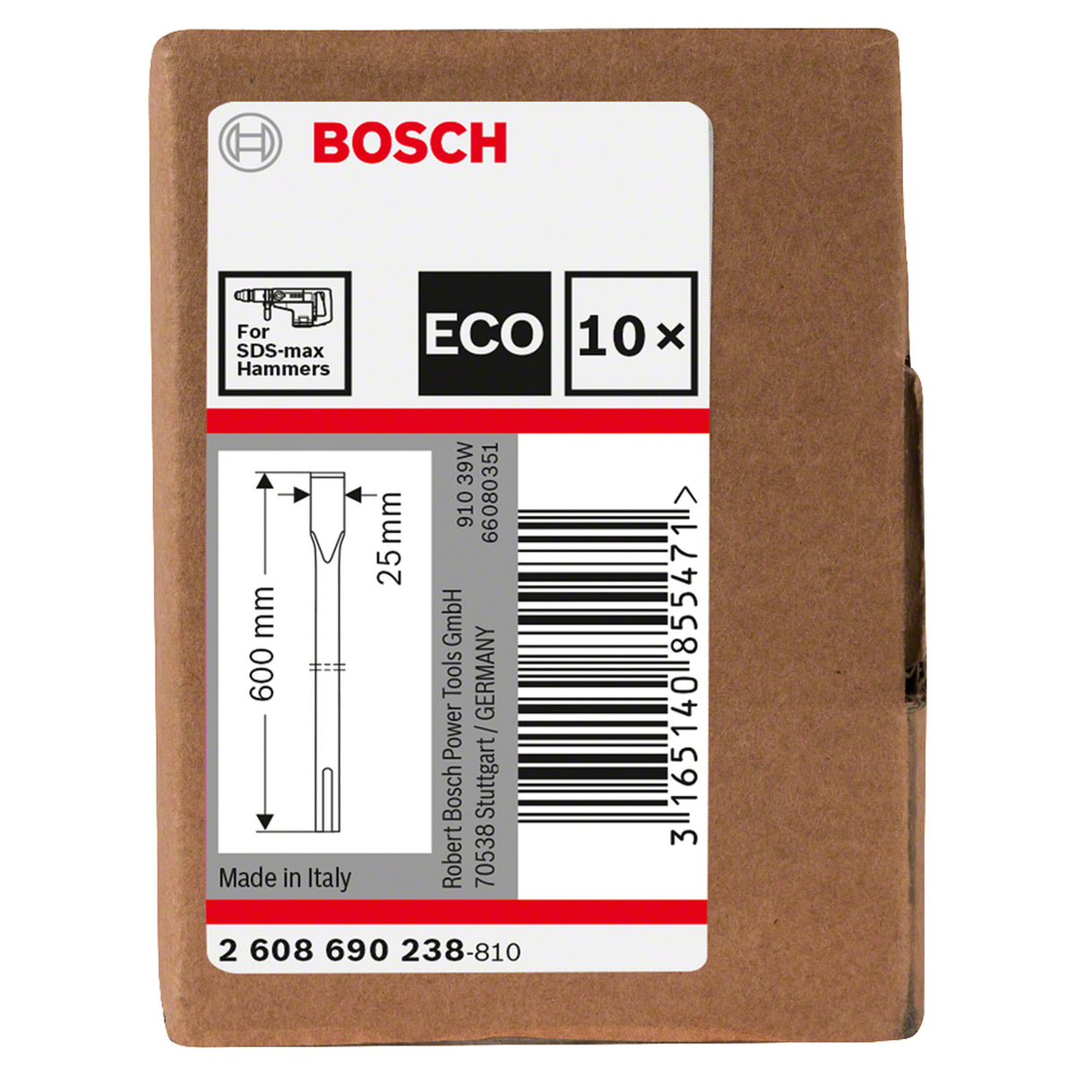 Bosch SDS Max Flat Chisel Set (600x25mm, 10-piece pack, For concrete demolition)
