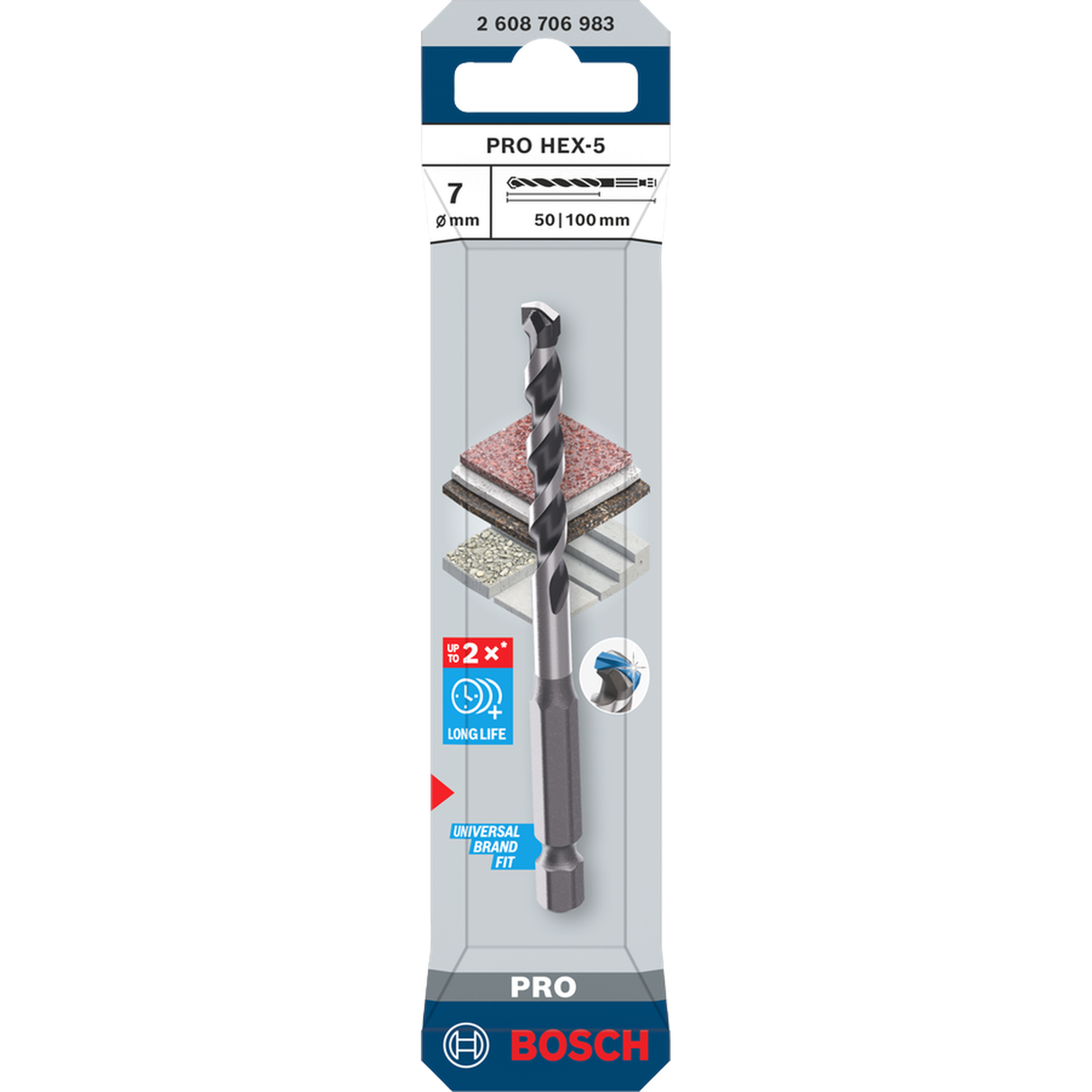 Bosch Professional PRO HEX-5 Drill Bit 7x50x100mm (Carbide tip, 1/4" Hex shank, for Concrete/Masonry, Impact rated, S.o.S - 1x Drill bit)