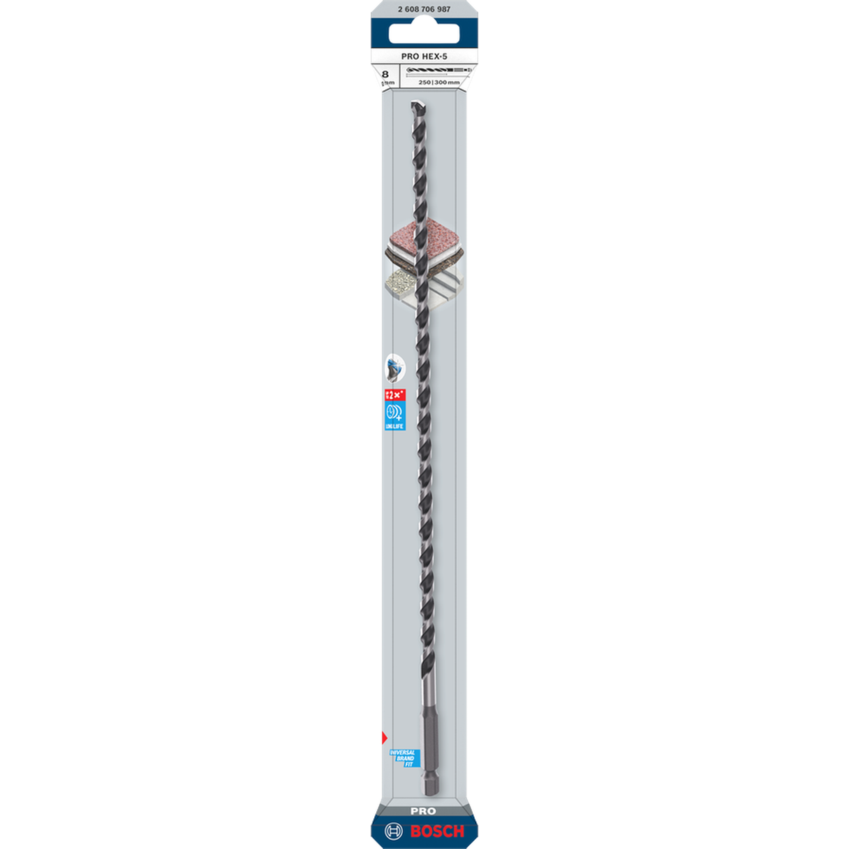 Bosch Professional PRO HEX-5 Concrete Drill Bit 8x250x300mm (Continuous carbide edge, 1/4" Hex shank, for Concrete/Masonry, Impact rated, S.o.S - 1x Drill bit)