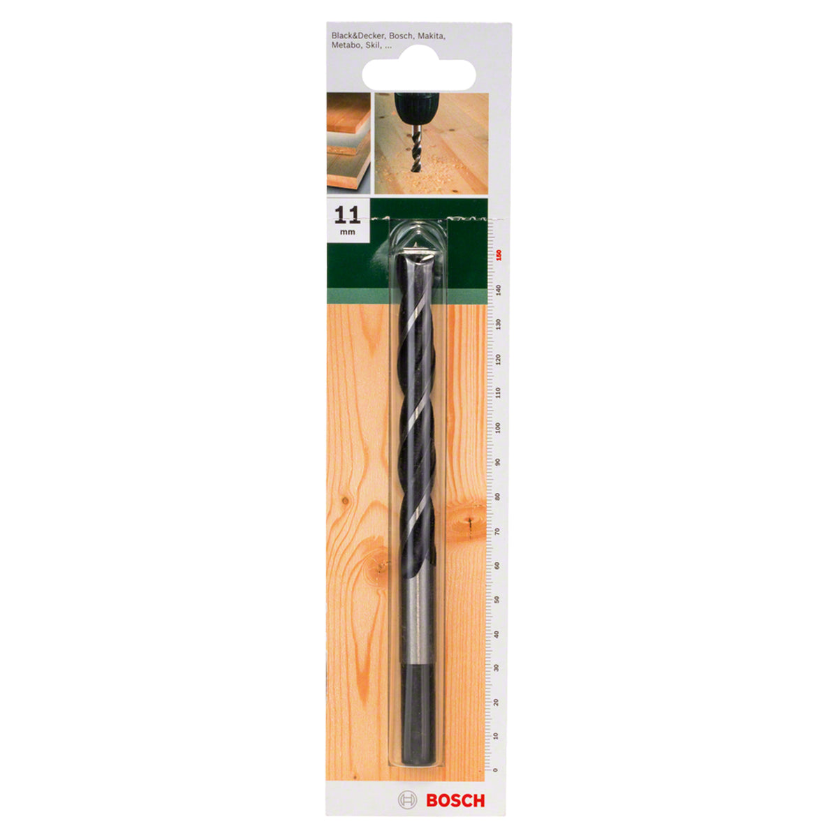 Bosch Brad Point Drill Bit 11x150mm (for precise and splinter-free drilling in softwood and hardwood, features a centring tip for accurate starts), compatible with rotary drills.