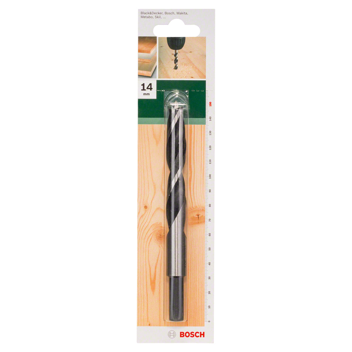 Bosch Brad Point Drill Bit 14x150mm (for precise and splinter-free drilling in softwood and hardwood, features a centring tip for accurate starts), compatible with rotary drills.