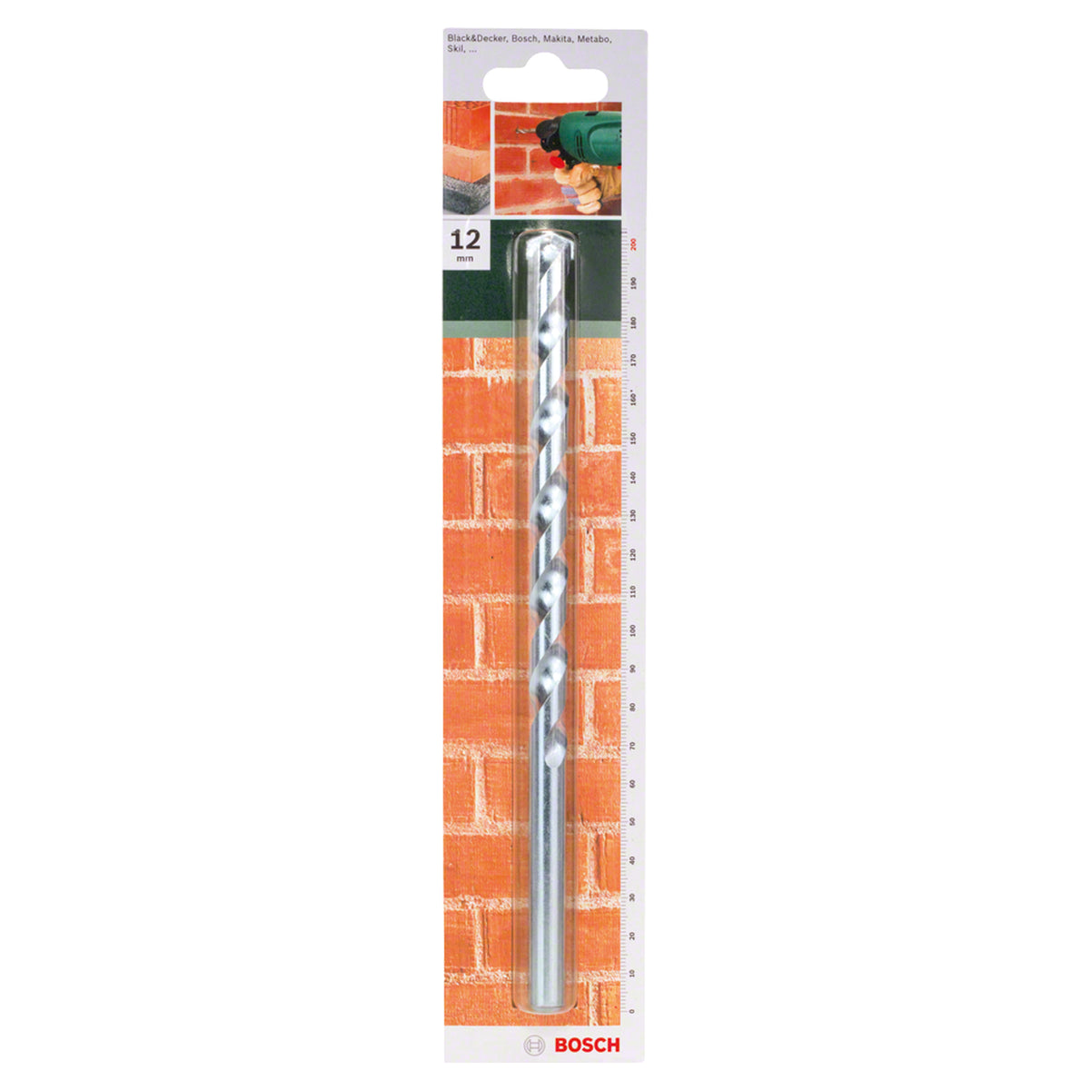 Bosch CYL-1 Masonry Drill Bit 12x150x200mm (for standard drilling in brick, stone, and concrete, robust carbide tip for reliable performance, extended length for deeper holes), compatible with rotary and impact drills.