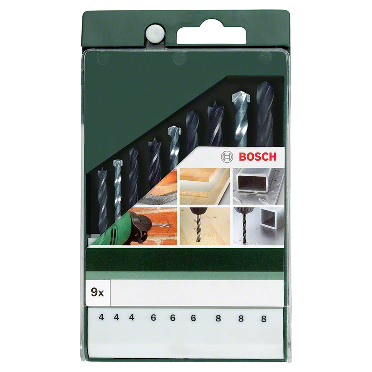 Bosch HSS-R Metal/Stone/Wood Drill Bit Set 9pcs (a versatile multi-material set for drilling in metal, masonry, and wood, includes a range of common sizes for various applications).