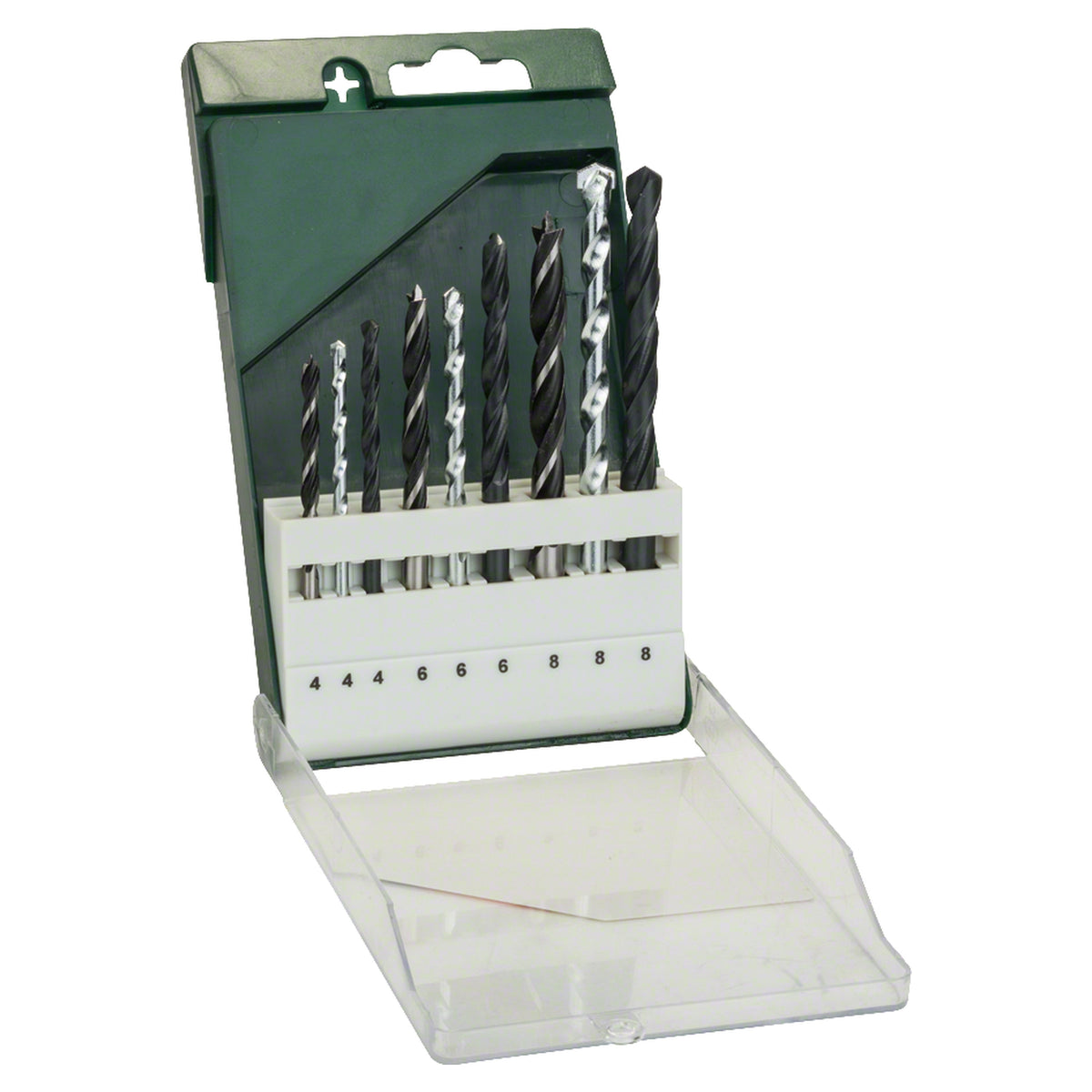 Bosch HSS-R Metal/Stone/Wood Drill Bit Set 9pcs (a versatile multi-material set for drilling in metal, masonry, and wood, includes a range of common sizes for various applications).