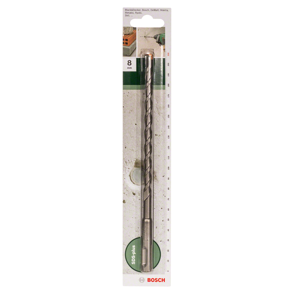 Bosch SDS Plus-1 Drill Bit 8x210mm (for concrete and masonry, robust carbide tip for extended life, optimized flute design for efficient dust removal and faster drilling), compatible with SDS Plus hammer drills.