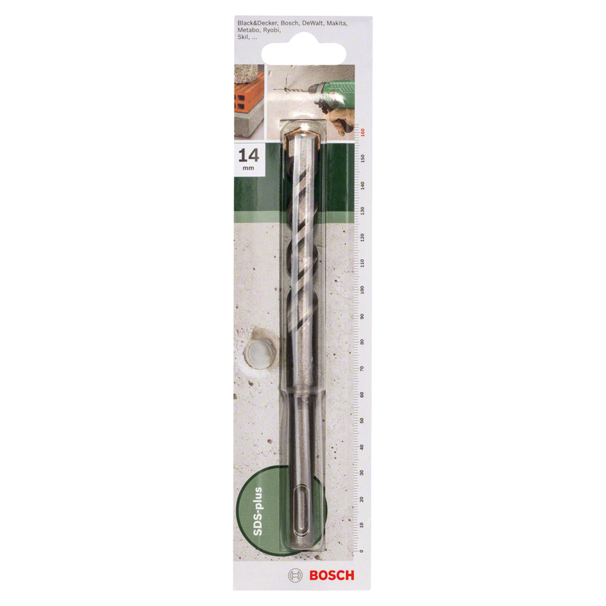 Bosch SDS Plus-1 Drill Bit 14x160mm (for concrete and masonry, robust carbide tip for extended life, optimized flute design for efficient dust removal and faster drilling), compatible with SDS Plus hammer drills.
