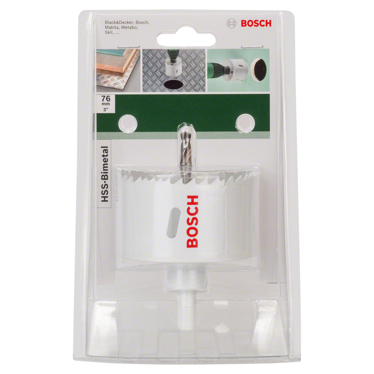 Bosch Hole Saw Bi-Metal HSS 76mm (bi-metal hole saw for general purpose drilling in wood, metal, and plastic).