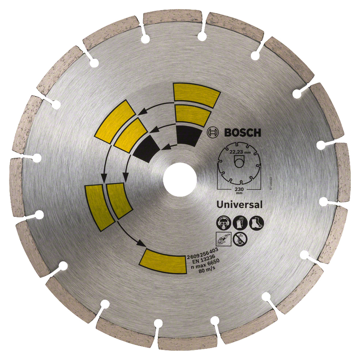 Bosch Diamond Disc Universal All-Purpose 115x22.23mm (for general purpose cutting in various construction materials, robust diamond segments for balanced performance and durability), compatible with angle grinders.