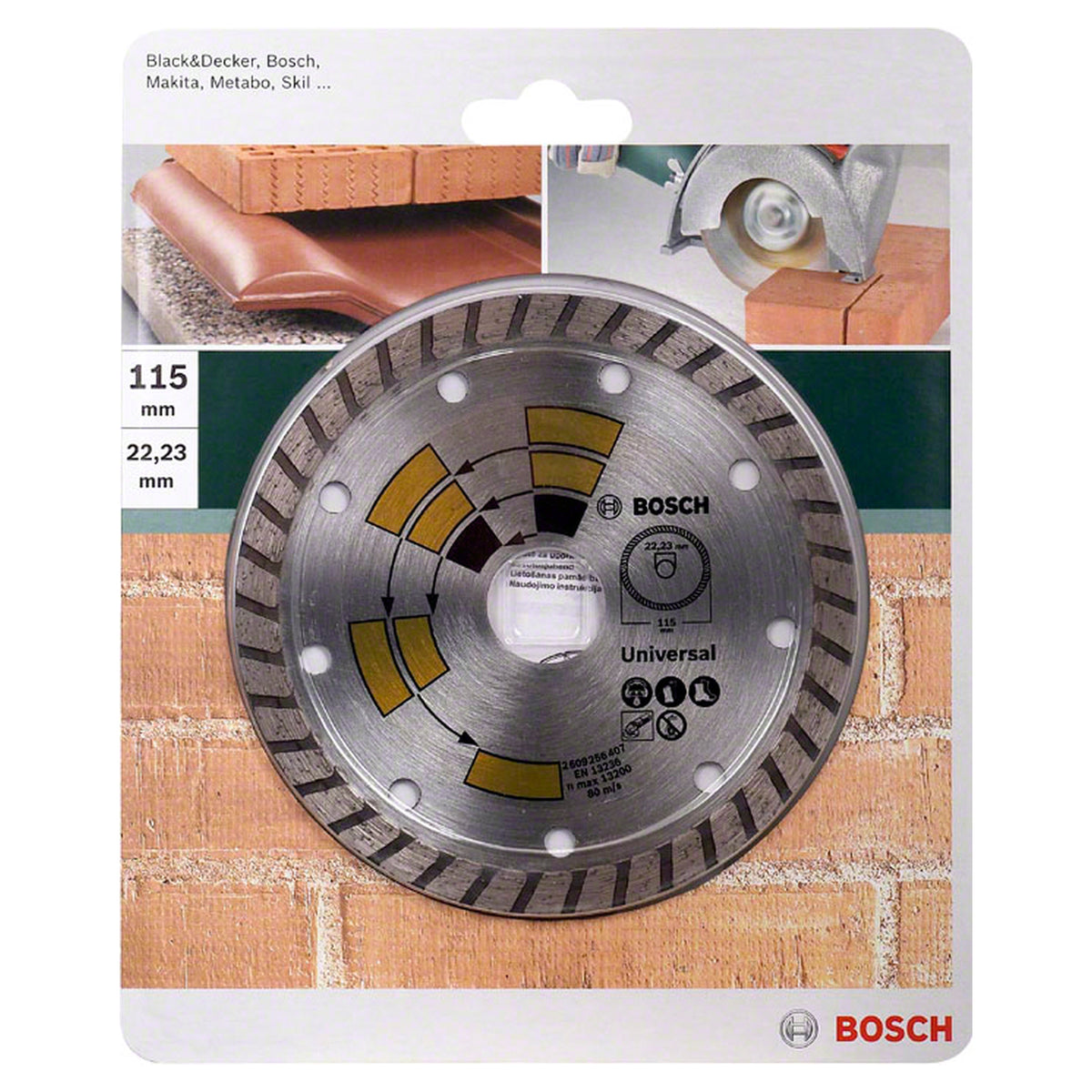 Bosch Diamond Disc Universal Turbo with Continuous Diamond Rim for Grinder 115x22.23mm (for fast cutting in various construction materials, turbo segment design for high speed and clean cuts), compatible with angle grinders.