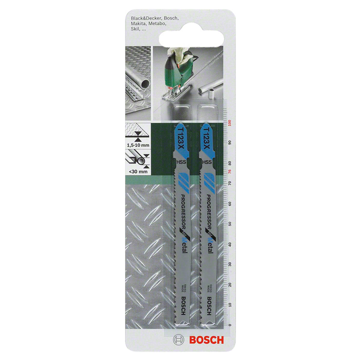 Bosch jigsaw blade Set T 123X Progressor for Metal 2pcs (progressive tooth design for fast and powerful cuts in various metal thicknesses, T-shank design for optimal power transmission), compatible with jigsaws.