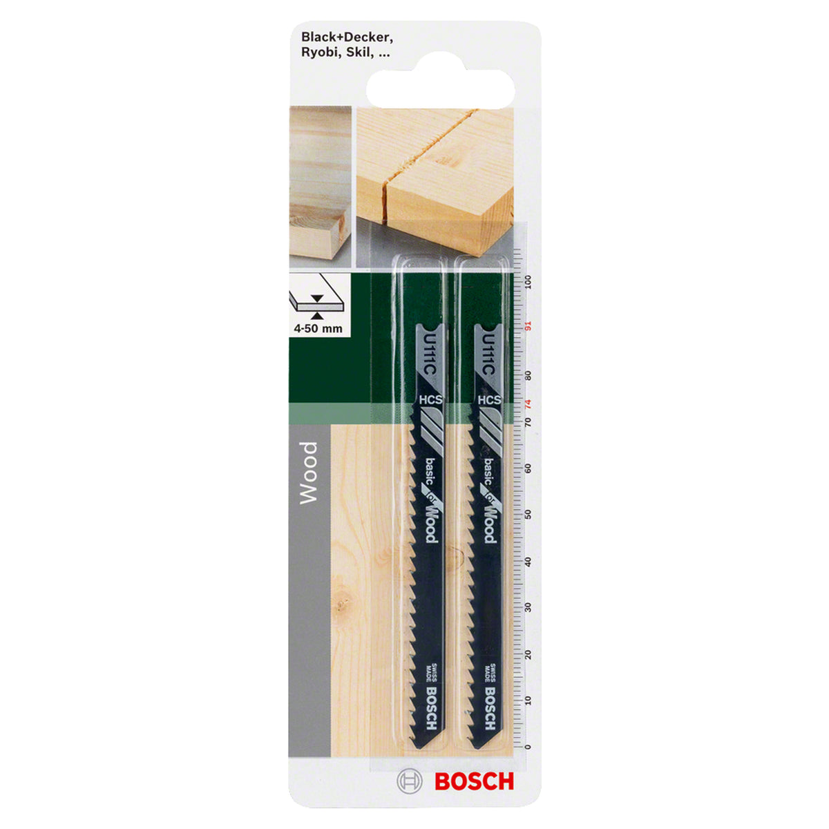 Bosch JSB Set U111C Basic for Wood 2pcs (for basic straight and curved cuts in wood, chipboard, and fiberboards, U-shank for secure fit), compatible with jigsaws.
